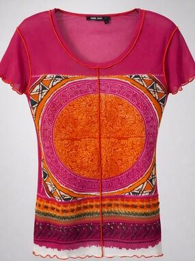 Marc Aurel Sheer Mesh Top Pink Orange Stripe Boho Blouse EU 38